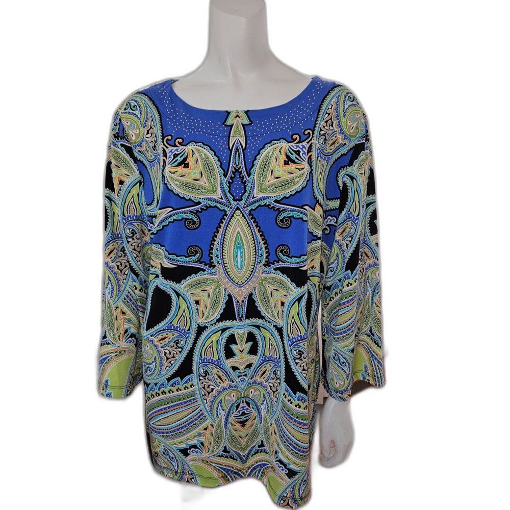 JM Collection Blue And Gold Paisley Print Scoop Neck Blouse Womens Size Large